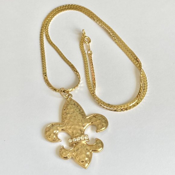 Vintage Fleur de Lis Pendant Necklace Gold Plated 24" BIG Statement Mardi Gras - Picture 7 of 12